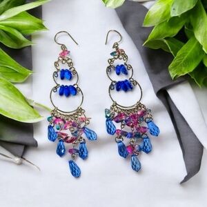 Elegant Blue and Pink Crystal Beafs And Glass Beads Chandelier Earrings